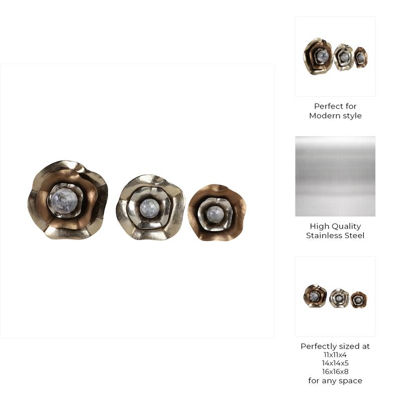 Steel Wall Flowers Modern Artistic Decor (Set of 3) - 11/14/16" Gold