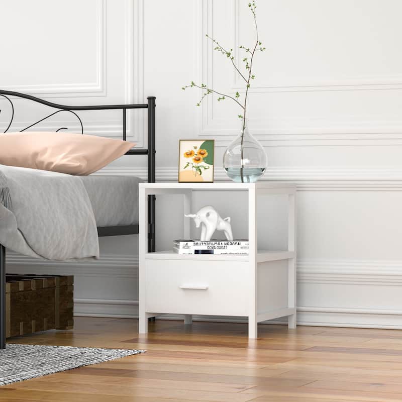 Javlergo Nightstand with Drawer, Bedside Table End Table for Bedroom Dorm Nursery Living Room, Open Storage Shelf - White