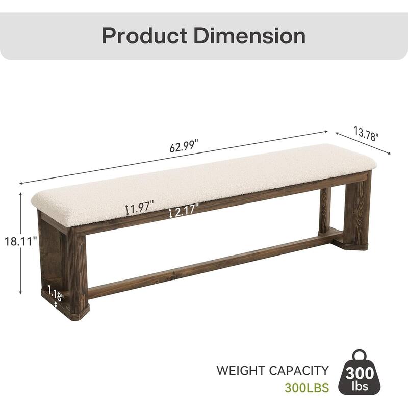 63-Inch Upholstered Bench, Solid Wood Entryway Shoe Bench with Cushion for Bedroom, Living Room