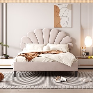 Beige Velvet Upholstered Platform Bed With Flower Shape Headboard, No ...