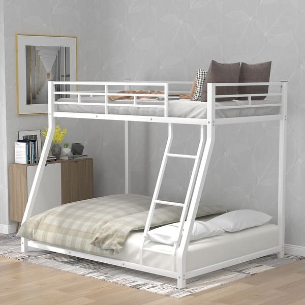 slide 2 of 11, Industrial Modern Design Twin over Full Metal Floor Bunk Bed,Built-In Sloping Ladder and Full-Length Guardrail White