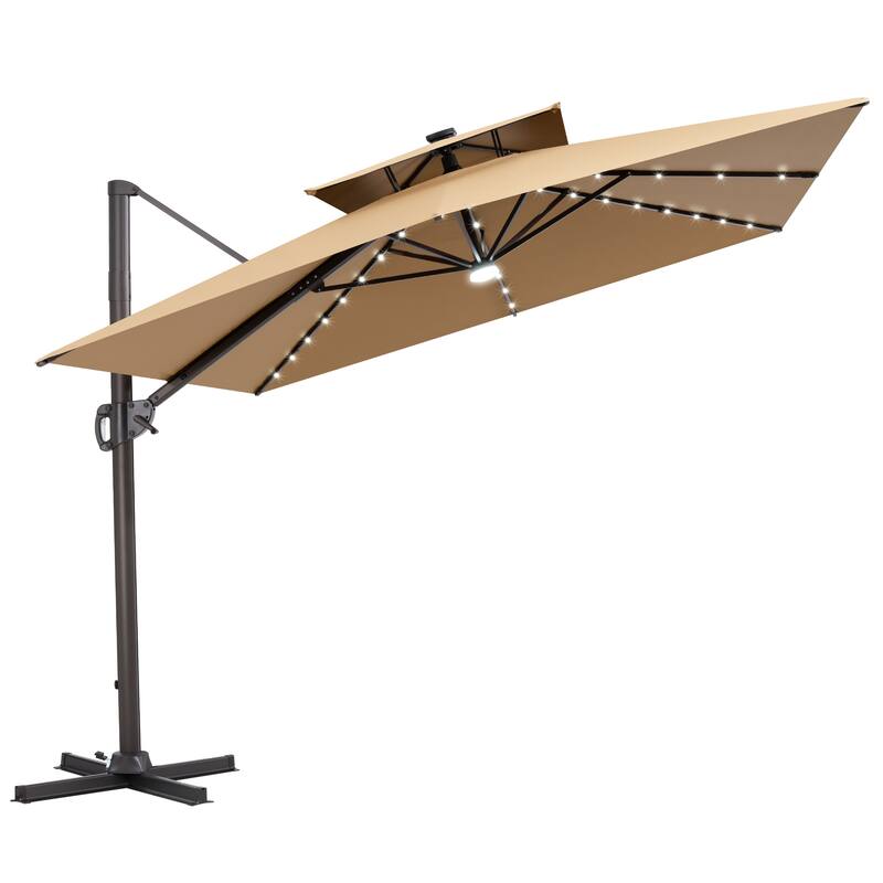 11 FT Square Outdoor Premium Double Top Solar Powered LED Patio Cantilever Umbrella