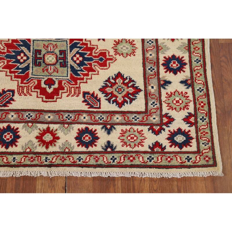 Geometric Ivory Kazak Oriental Accent Rug Handmade Wool Carpet - 3'5" x 4'11"