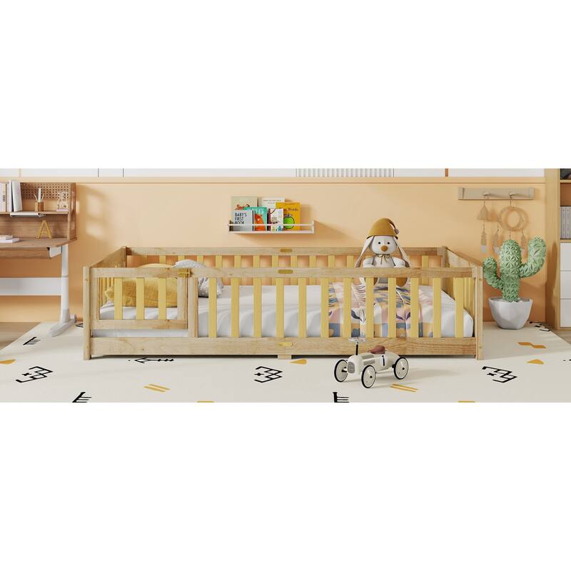 Roomfitters Twin/Full/Queen Rubber Wood Floor Bed with Fence and Swing Door, Safety Guardrails, Low Profile Design