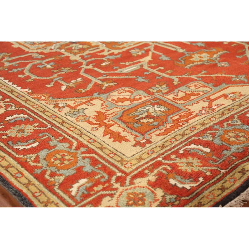 Medallion Heriz Serapi Indian Area Rug Hand-Knotted Floral Wool Carpet - 7'11" x 9'10" - 7'11" x 9'10" - Orange