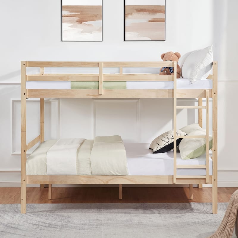 Full over Full Wooden Bunk Bed,High Guardrail,Ladder,Kids Teens,Dorm