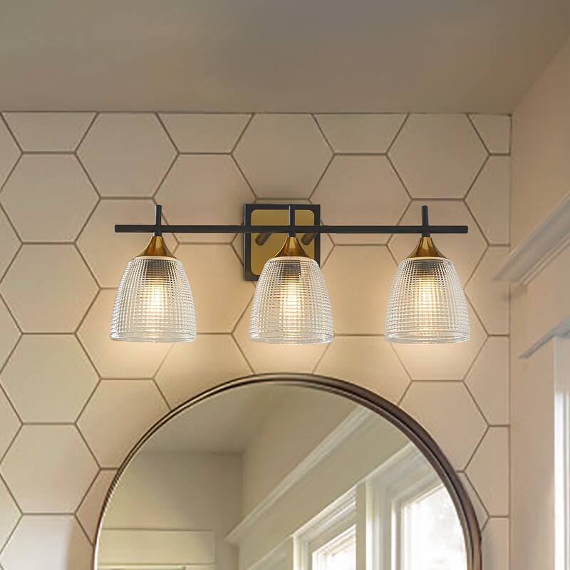 3-Light W21" Contemporary Bathroom Vanity Wall Light in Black and Brass Finish with Dome Shape Clear Textured Glass Shade