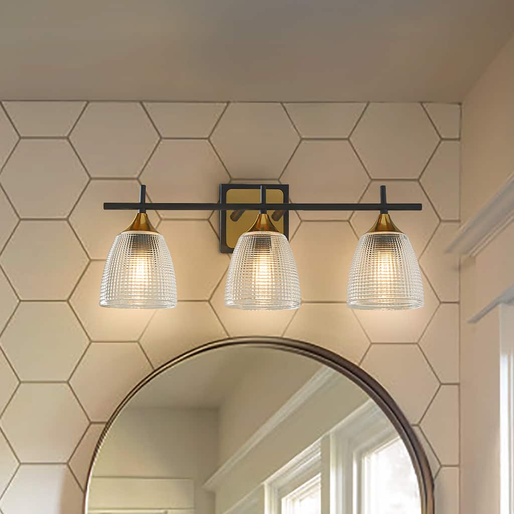 3-Light W21" Contemporary Bathroom Vanity Wall Light in Black and Brass Finish with Dome Shape Clear Textured Glass Shade
