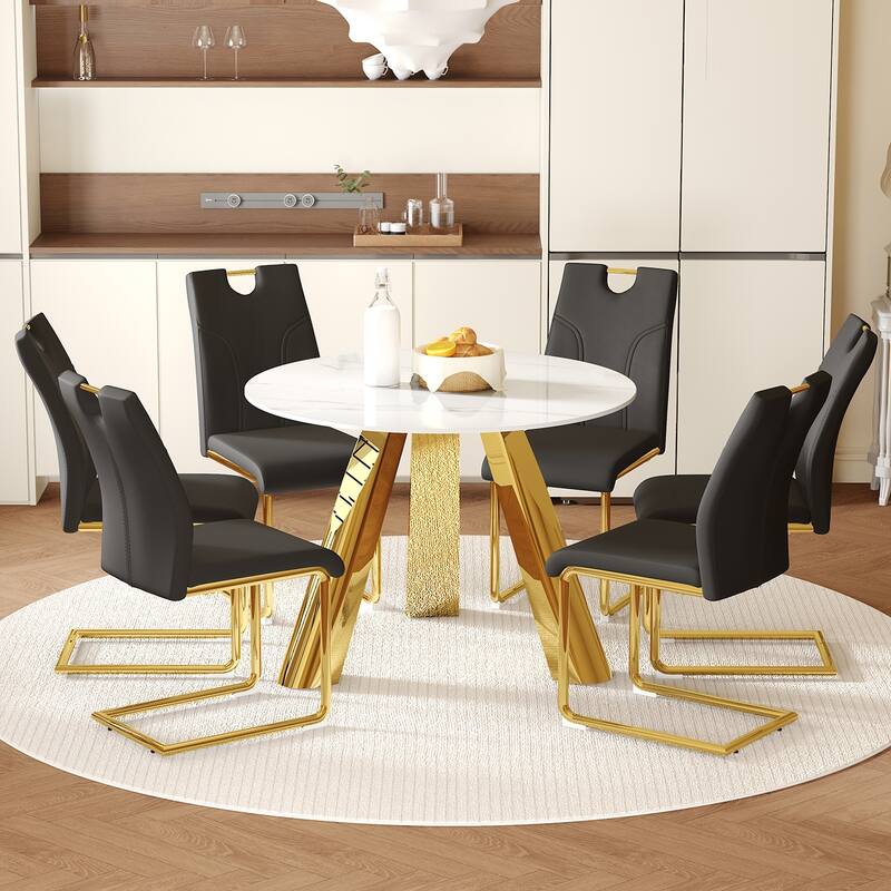 5-Piece Round Dining Table Set with Stain-Resistant Surface, PU Leather Chairs with C-shaped Bases, Scratch-resistant