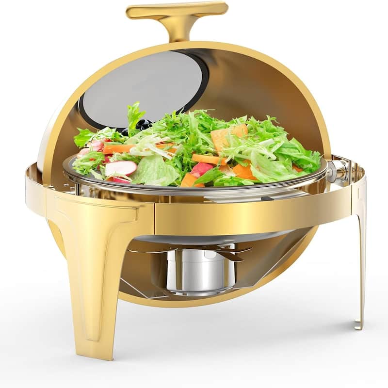 6.3 QT Round Roll - Top Chafing Dish Buffet Kit In Gold with a Transparent Glass Panel - 6L - 6L