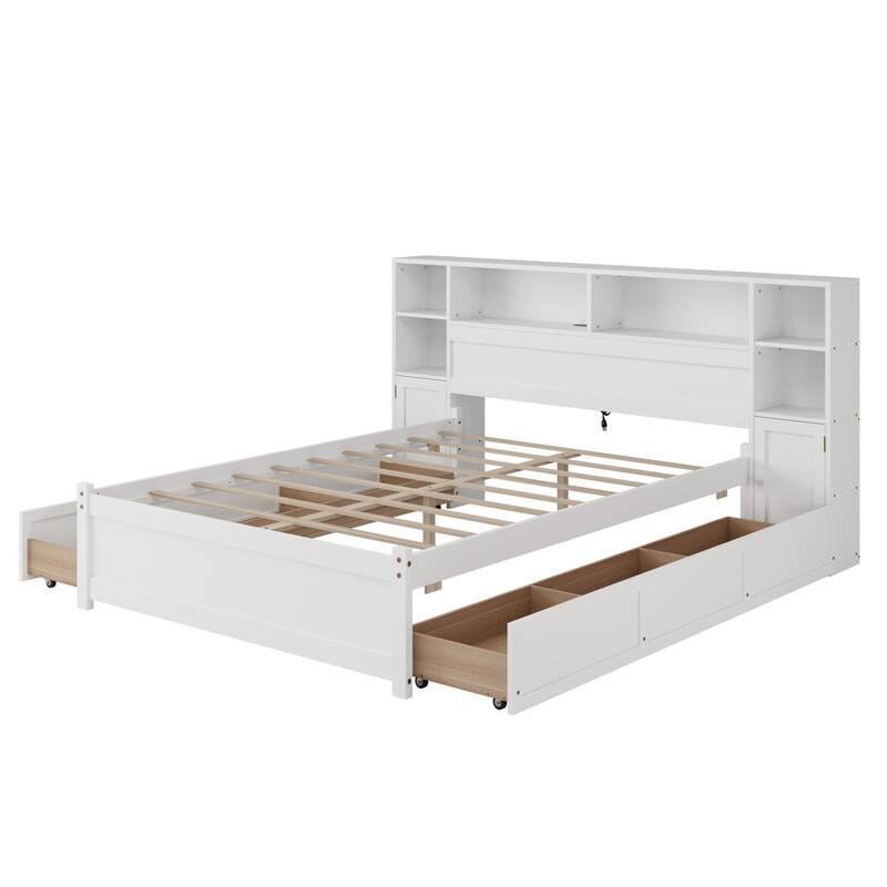 White Wooden Storage Bed with Tall Extended Bookcase Headboard, 6 Drawers and Charging Station