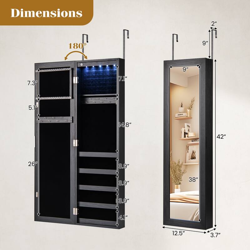 Wall Mounted or Door Hanging Jewelry Cabinet with Full Length Mirror and LED Lights - 12.5" x 3.7" x 42"