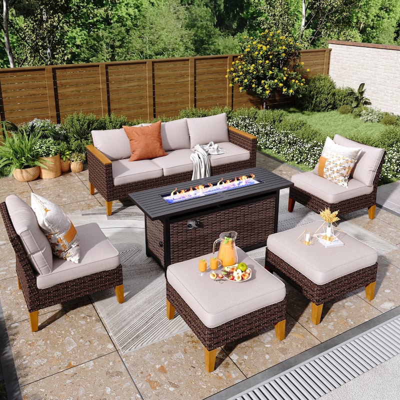 8-Piece Patio Outdoor Wicker Sectional Sofa Set, Large Seating Furniture Conversation Sets with Fire Pit Table - 7-Seat - Type K