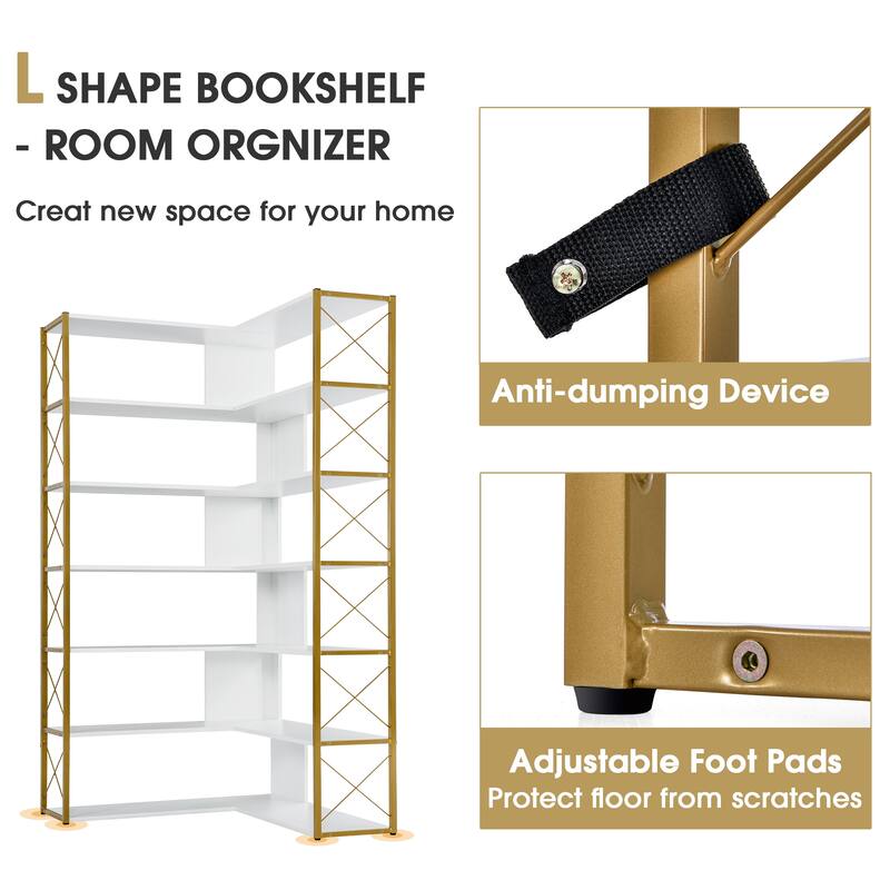7-Tier Bookcase Home Office Bookshelf, L-Shaped Corner Bookcase with Metal Frame