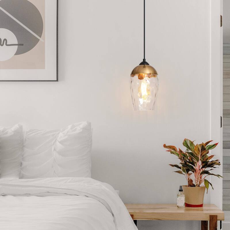 Modern Contemporary 1-Light Black and Gold Hammered Glass Pendant Light Fixtures for Kitchen Island