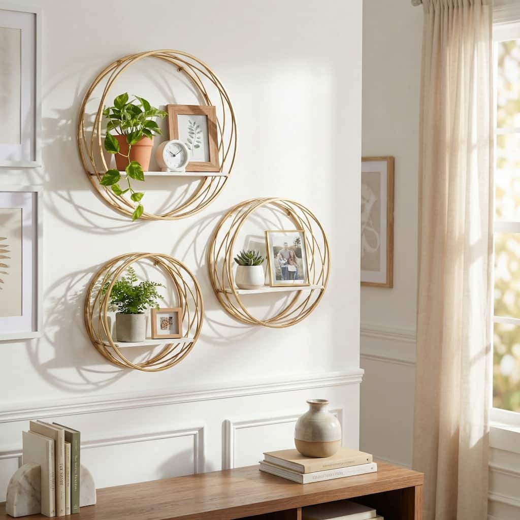 Metal Round Wire Frame Wall Shelf Set - White/Gold, 16/20/24" - 24.0"