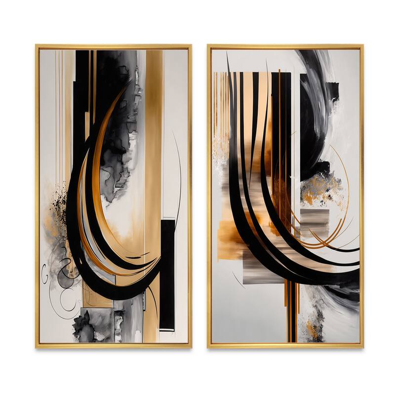 Designart "Gold Touch Art Deco" Abstract Framed Wall Art Set Of 2 - Black Canvas Set For Living Room Decor