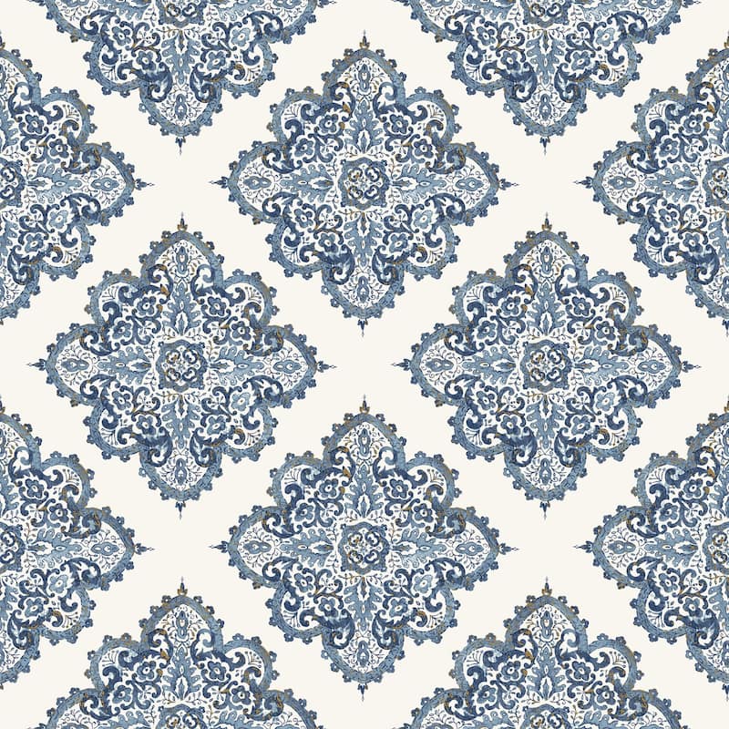 Galerie Wallcoverings Nordic Elements Hmong Tile Effect Non-woven Metallic Wallpaper Roll - 33 feet x 21 inches - 33 feet x 21 inches - Blue/White