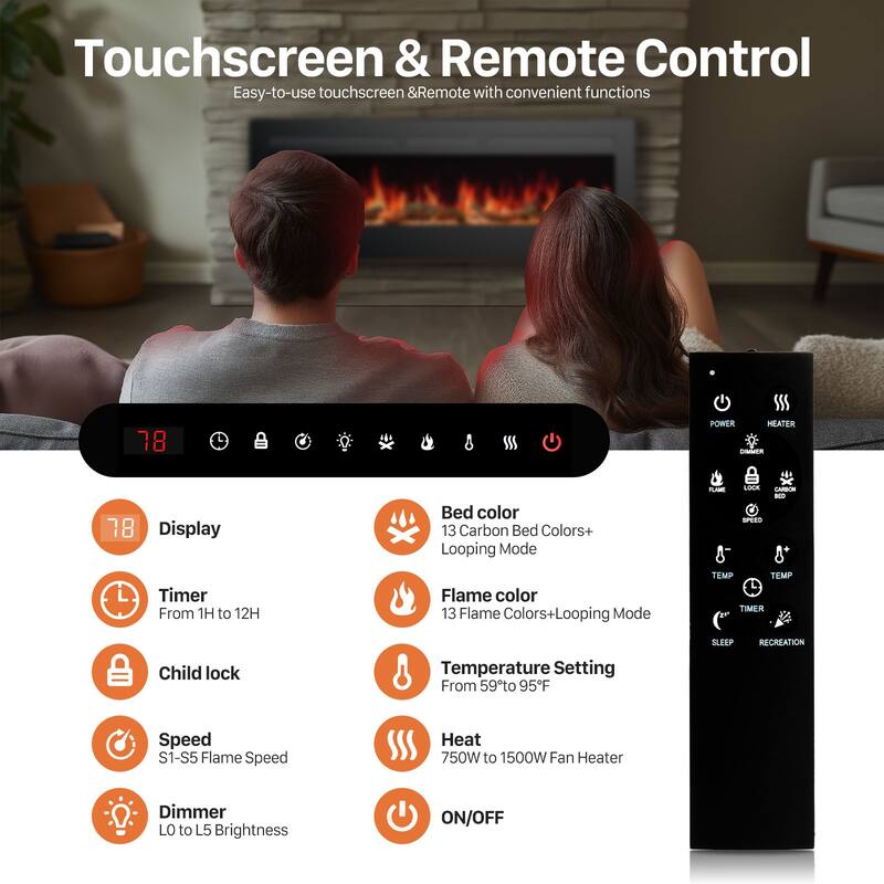 Electric Fireplace Recessed and Wall Mounted Fire Places with Remote Control, Touch Screen