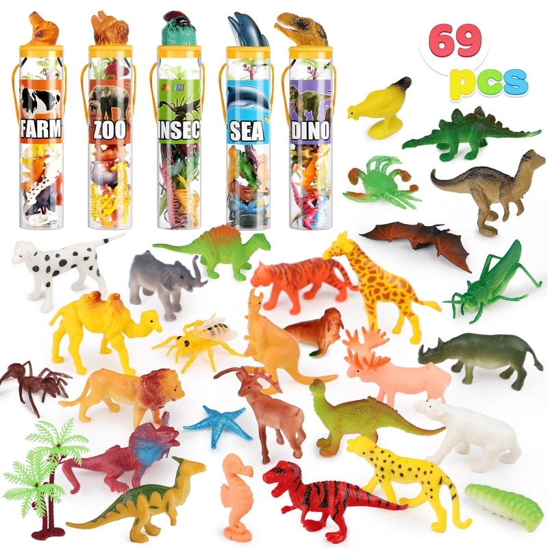 69Pcs Mini Jungle Toy Animal Figures Set with Sensory Bin - Multicolor