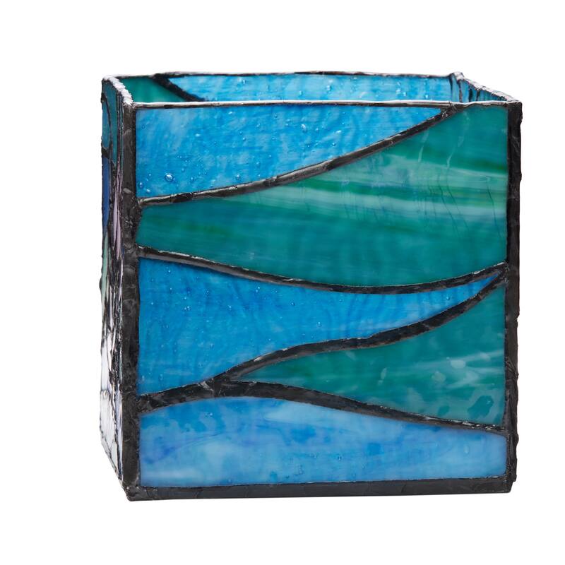River of Goods 4.75-Inch Blue Pond Lilies Stained Glass Candle Holder - 4.75" x 4.75" x 4.75"