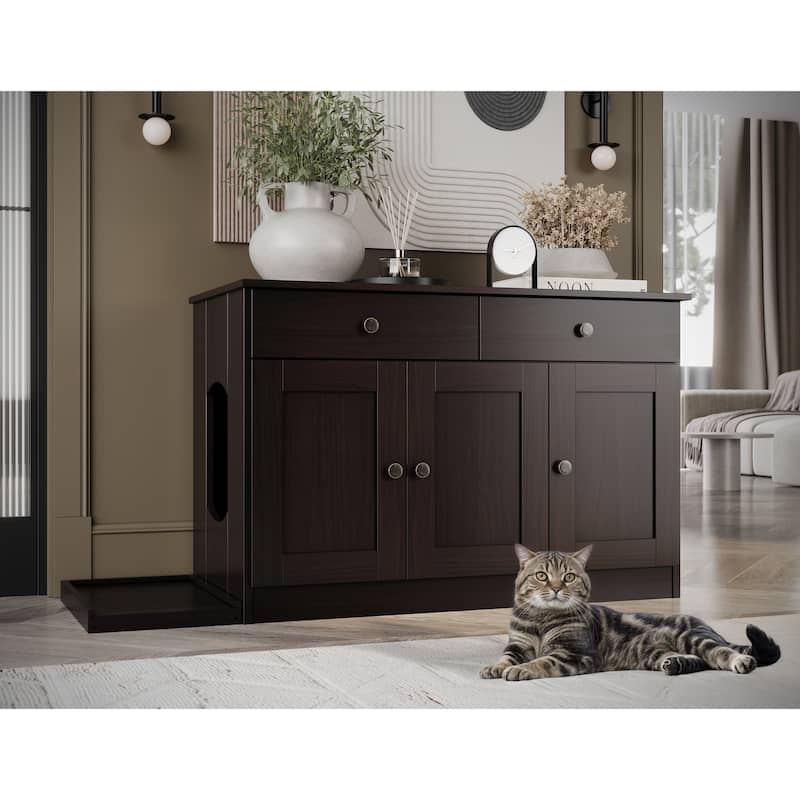 Palace Imports 100% Solid Wood Ziva 3-Door Cat Litter Box Enclosure with 2-Drawers and Litter Catch - Java