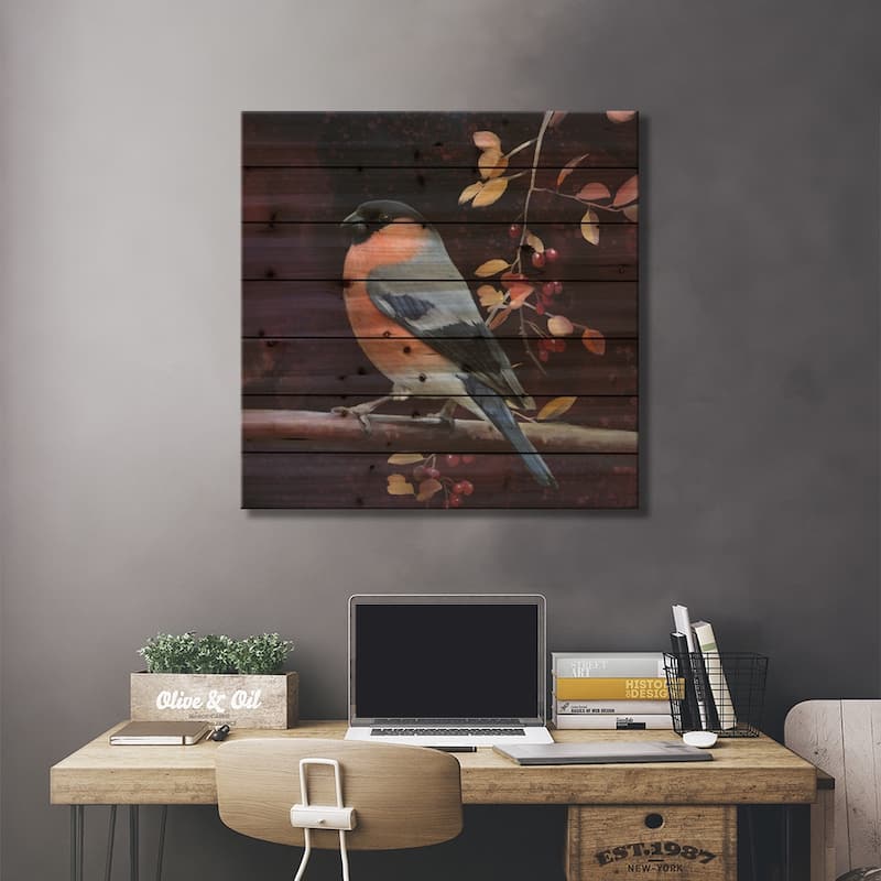 Finch And Fall Leaves Print On Wood by Thomas Little - Multi-Color