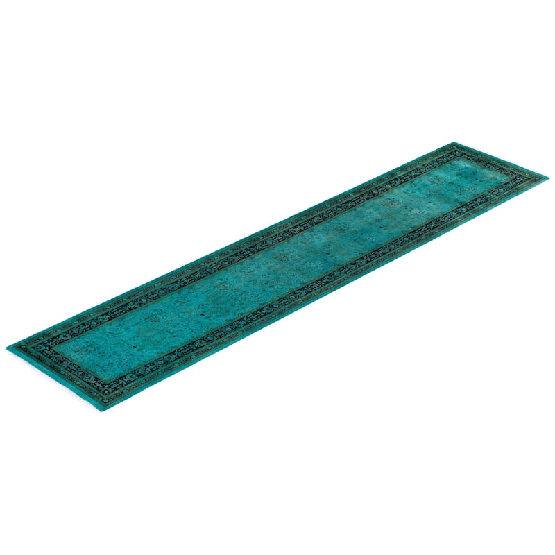 Overton Hand Knotted Wool Vintage Inspired Modern Contemporary Overdyed Blue Runner Rug - 2' 7" x 12' 4"
