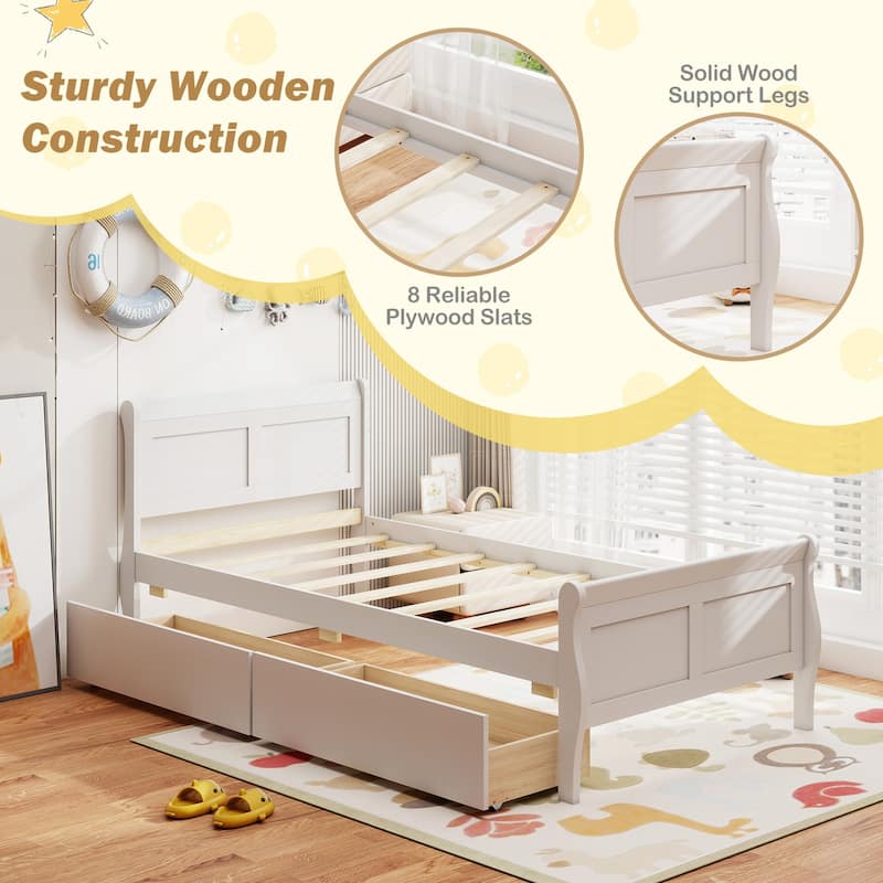 Twin Size Wooden Sleigh Platform Bed with 2 Under-Bed Drawers Included Headboard and Footboard