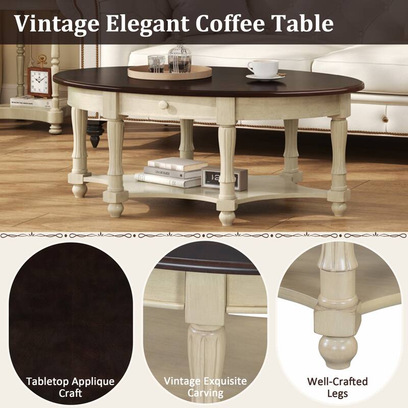 Oval Coffee Table with Drawer and Storage Shelf