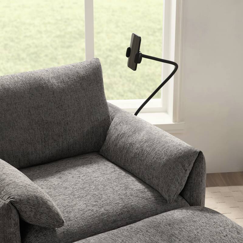 Single Sofa Chair and Storage Ottoman Sets, Chenille Accent Chair Wide Seat Chaise Lounge Couch with Phone Holder & USB Chargers