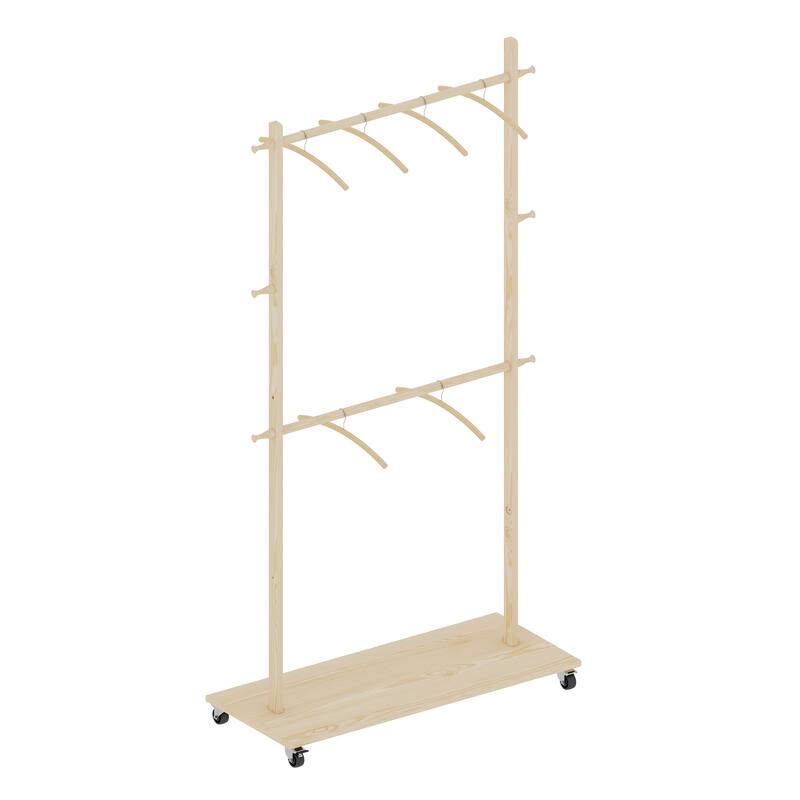 Anmytek Solid Finnish Pine Rolling Garment Rack with 2 Hanging Rods & Shelf, Freestanding Clothes Organizer with Lockable Wheels