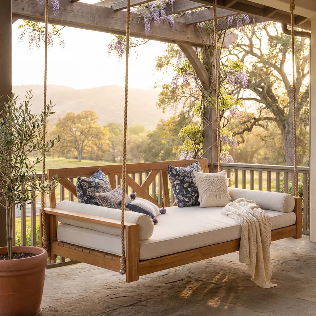 Cambridge Casual Logan Teak Outdoor Porch Swing Daybed with Cushion