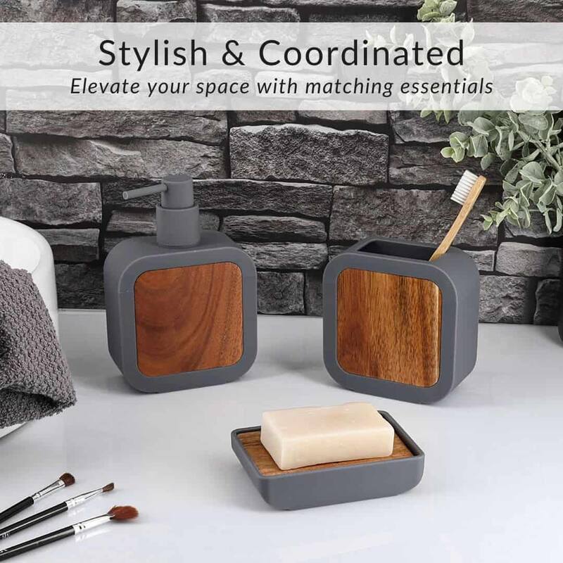 4-Piece Bathroom Accessory Set Rubber and Wood - 4 L x 3.9 W x 15.2 H