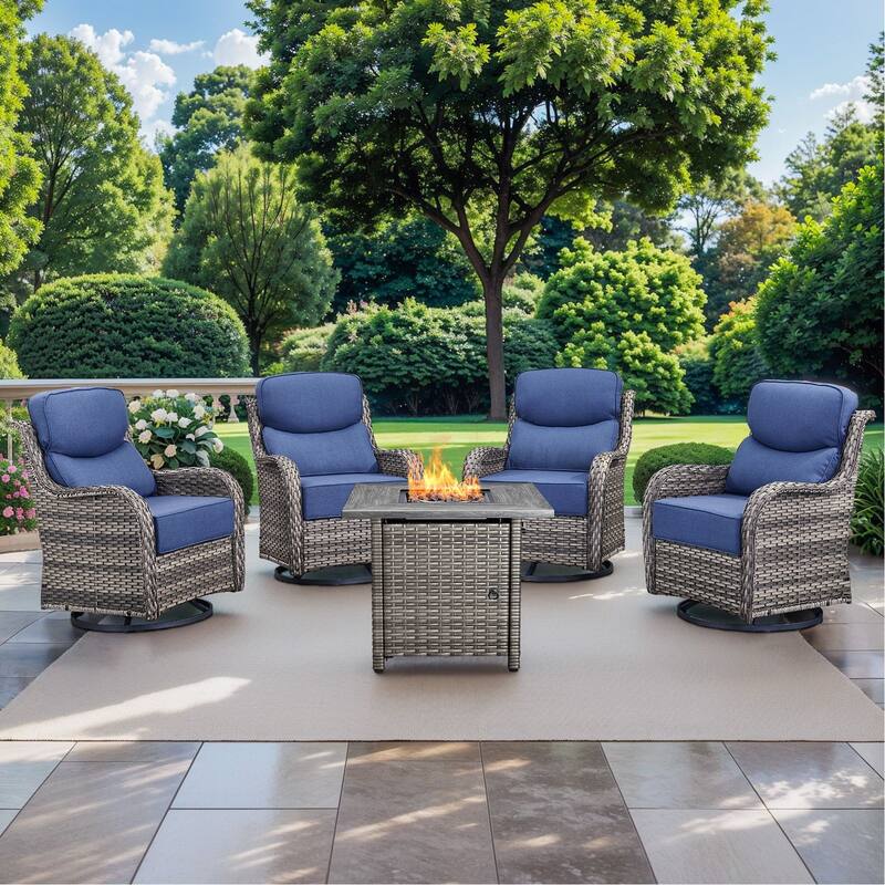 Pocassy 5 Pieces Outdoor 6" Swivel Chairs with Fire Pit Table - Gray Wicker - Blue cushion