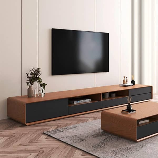 slide 2 of 17, Modern Wood White TV Stand, Lowline Media Console with 4 Drawers, Open Storage Cabinet, Walnut Veneer, Fully-assembled 78" - Black+Wood