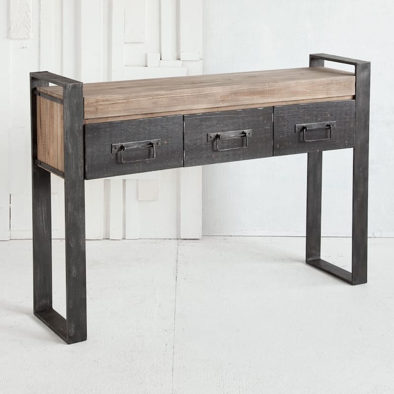 Vintage Industrial Console Table with Drawers 48” Narrow Wood Top and Black Metal Sled Base - 48” L x 12” W x 33” H