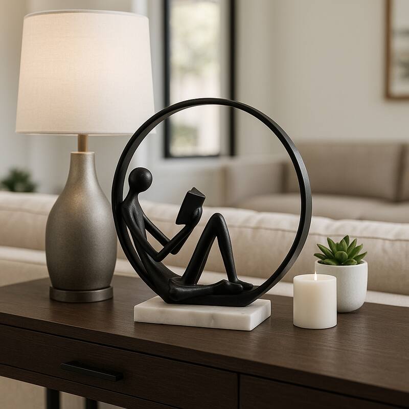 Metal Marble Sculpture Human Figure in Circular Frame - 11" Black - 9.75" x 4.75" x 11"