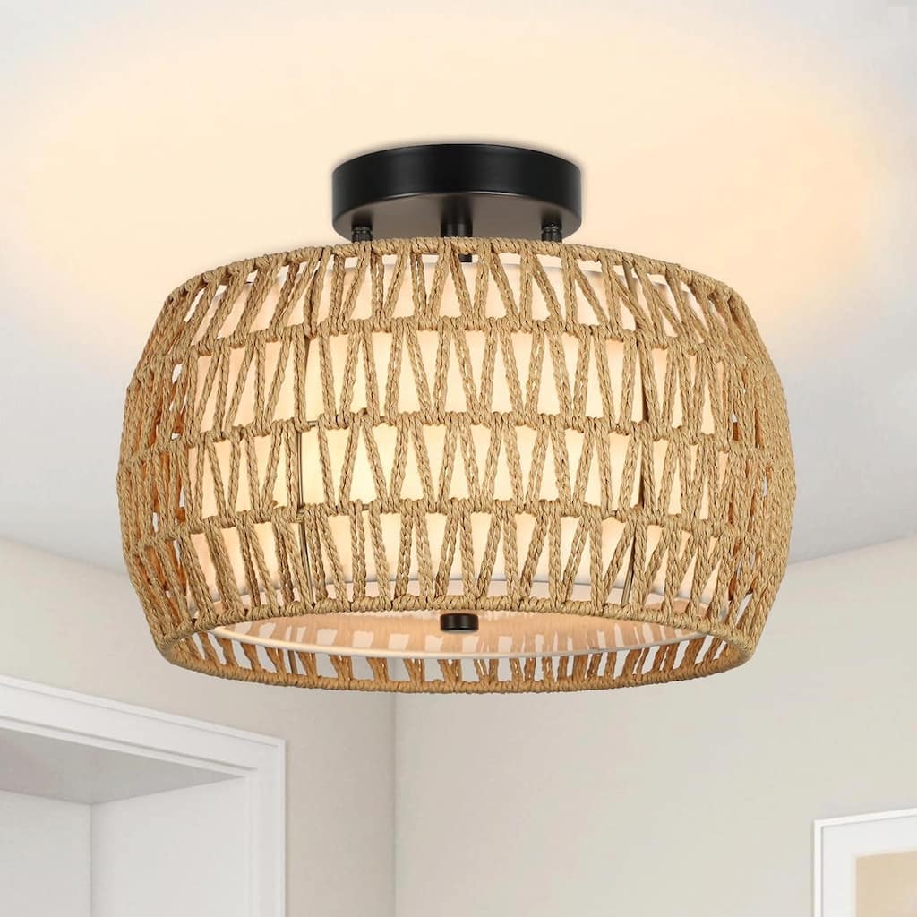 2-in-1 Rattan & Fabric Drum Ceiling Light - Hand-Woven Design, E26 Socket