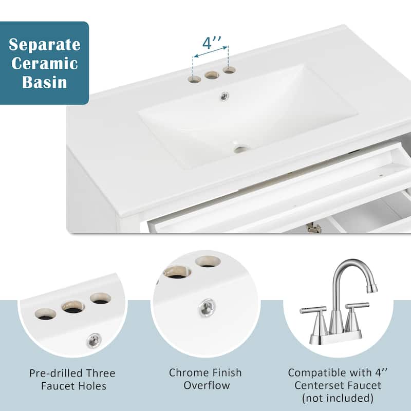 Roomfitters 36" Bathroom Vanity with Sink, Flip-Out Drawer, 3 Drawers, Soft-Close Doors, Solid Wood Cabinet