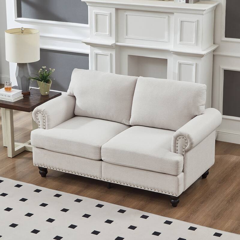 Classic Design Sectional Sofa Loveseat Couch with Pillow Back（Leather/Polyester) - Beige+Polyester+2 Seater