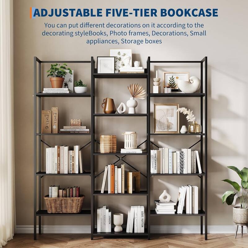 Triple Column 5-Tier Bookshelf,Vintage Bookcase with 13 Open Storage Display Shelves