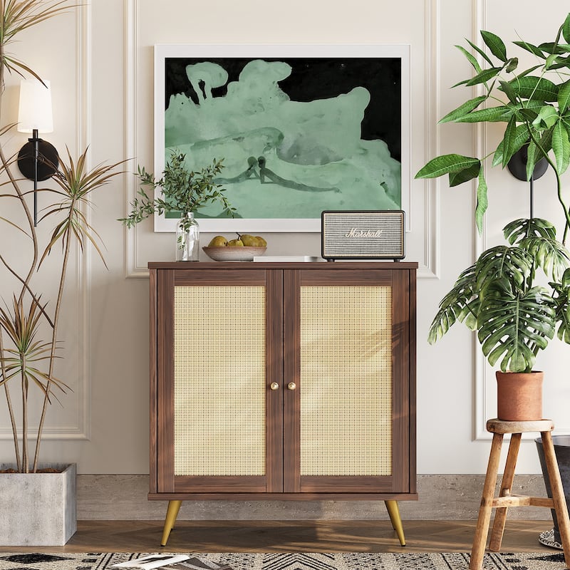 Farmhouse Rattan Storage Cabinet, Natural Buffet Sideboard - N/A
