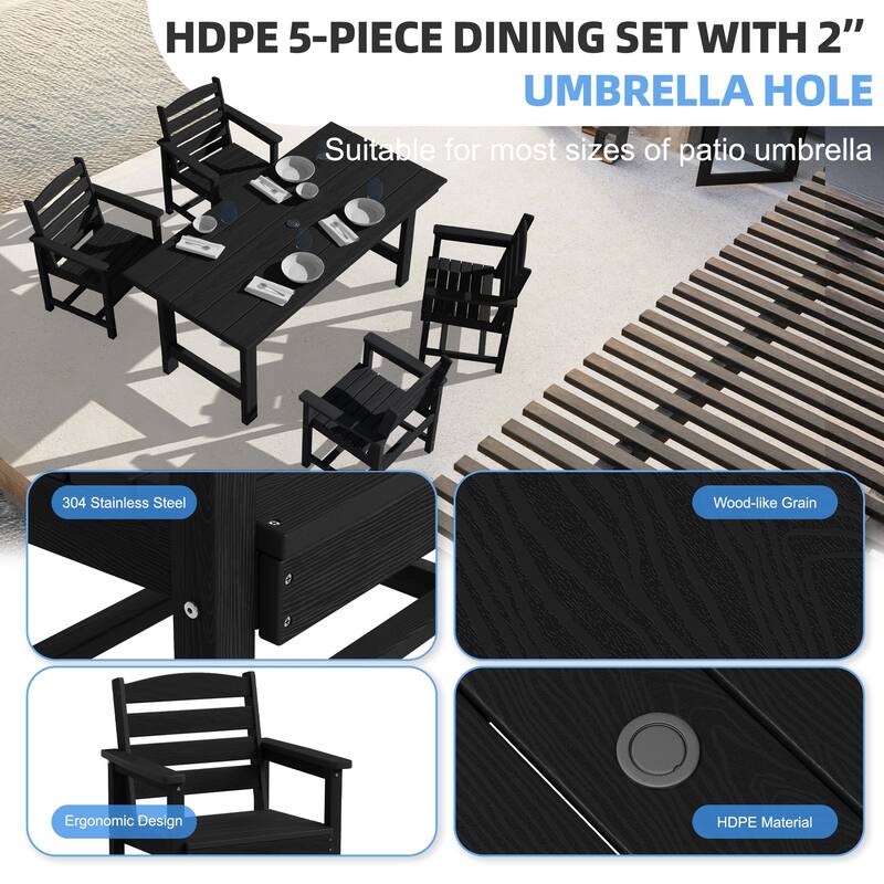 5-Piece HDPE Outdoor Dining Table Sets with Umbrella Hole - 1-Table 4-Chairs