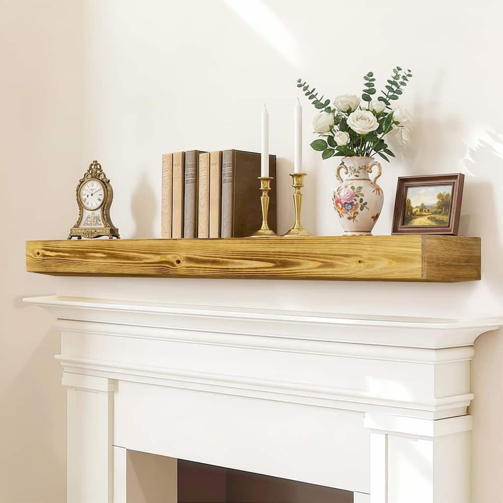 60" Fireplace Mantel, Rustic Fireplace Mantle Shelf with Invisible Brackets, Handcrafted Wood Floating Fireplace Mantel