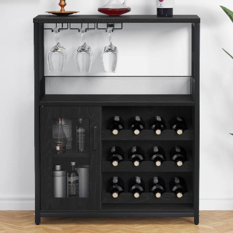 Modern Wine Bar Cabinet with Glass Holder - Black