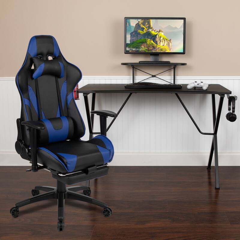 Gaming Desk & Chair Set with Cup Holder, Headphone Hook, and Monitor Stand - Blue