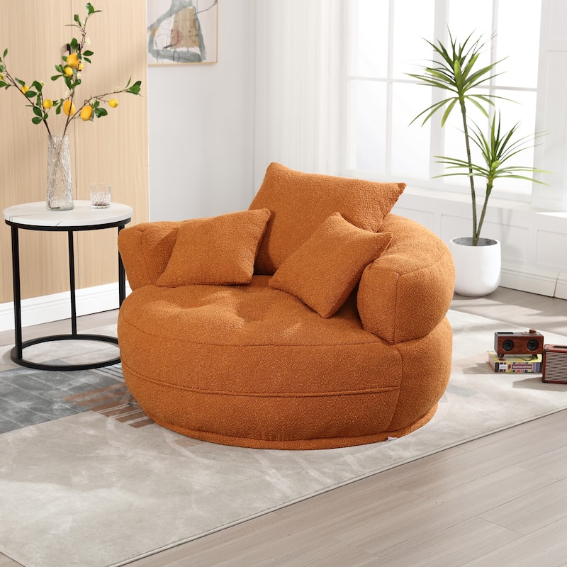 Boucle Upholstered Tufted Barrel Accent Living Room Chair With Toss Pillows