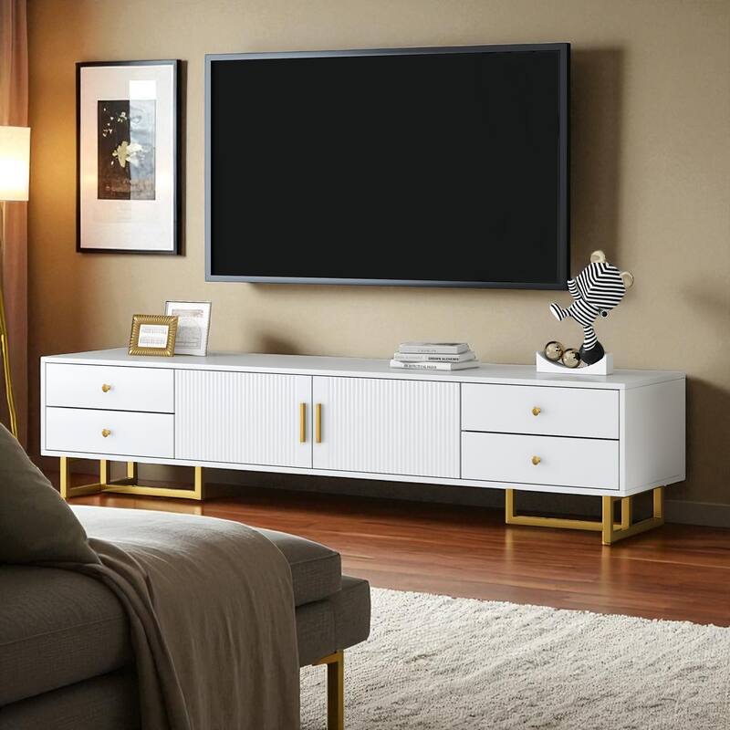 70.9" Modern TV Stand for TVs up to 75", Media Console with 4 Drawers, 1 Cabinet, Wave Groove Doors & Metal Frame