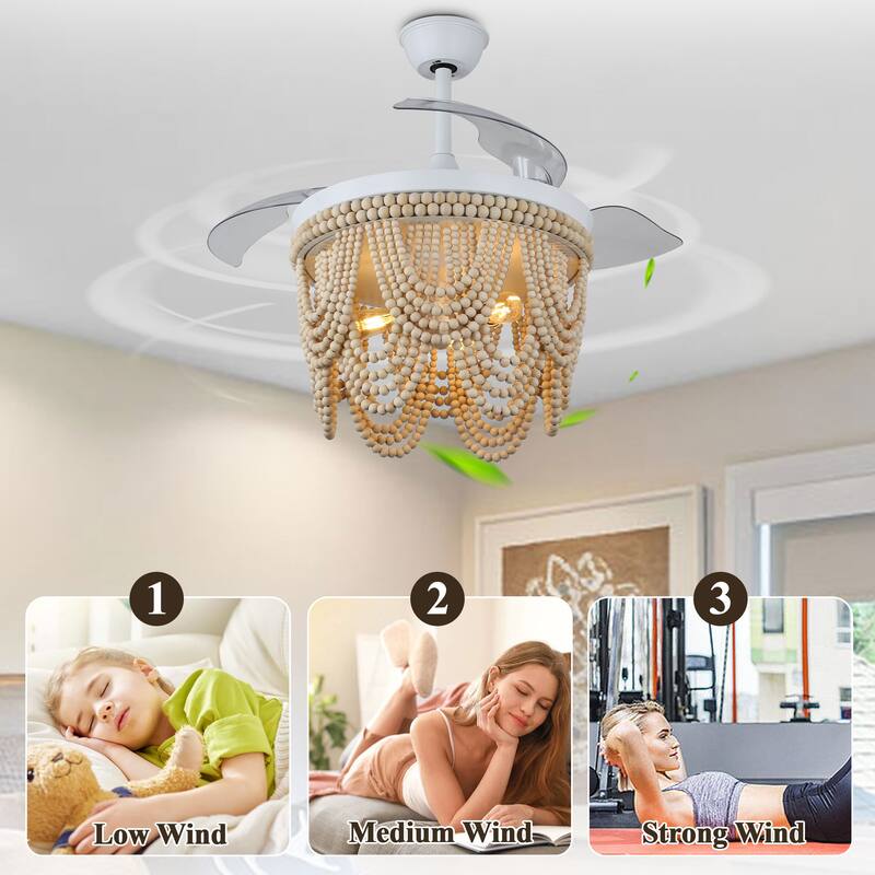 Bella Depot 42" Bohemian Retractable Ceiling Fan with Remote and Light 6-speed Modern Wood Chandelier